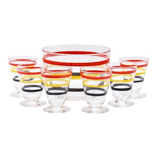 Mid Century Striped Ice Bucket & Six Glasses - Set of 7 For Sale
