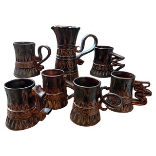 Vallauris Glass and Pitcher Set by Huguette and Marius Bessone, Set of 7 For Sale