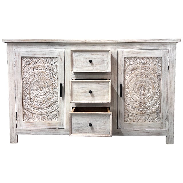 2020s 2 Door 3 Drawer Laser Cut Solid Mango Wood Cabinet For Sale - Image 5 of 7