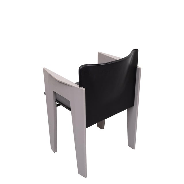 5 Postmodern Dining chairs signed by Arco, The Netherlands, Grey oak and Black saddle leather chairs, 1980s unusual...