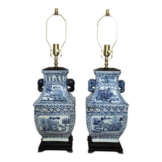Pair of Chinoiserie Blue & White Table Lamps Chinese Asian For Sale