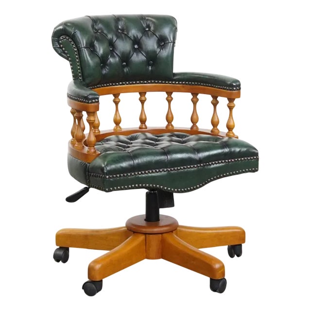 Green Cowhide Chesterfield Office Chair on Wheels For Sale