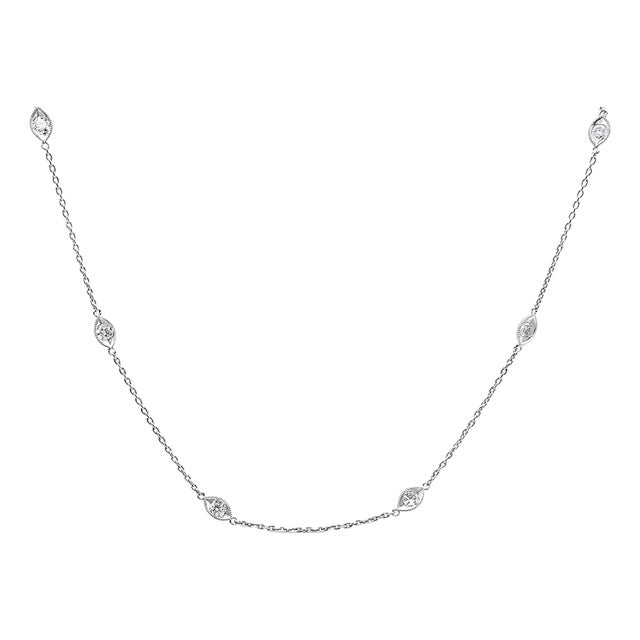 14K White Gold 1.00 Cttw Bezel Set Round Diamond Marquise Shaped Milgrain Station 18" Collar Necklac For Sale