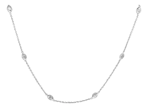 14K White Gold 1.00 Cttw Bezel Set Round Diamond Marquise Shaped Milgrain Station 18" Collar Necklac