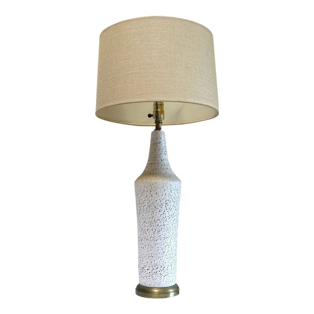1960s Tall White Vintage Textured Pottery Table Lamp With