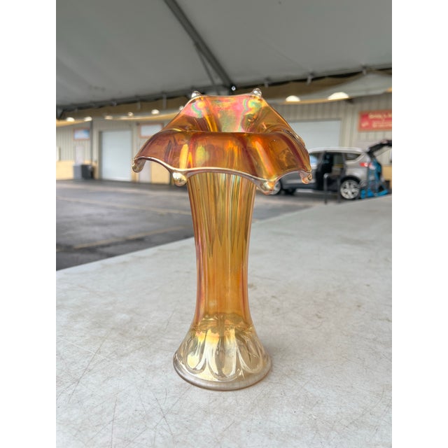Amber Antique Iridescent Marigold Carnival Glass Vase by Imperial Glass For Sale - Image 8 of 9