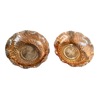 1930s Carnival Glass Peach Lustre Faceted Ruffle Edge Pair of Bowls For Sale
