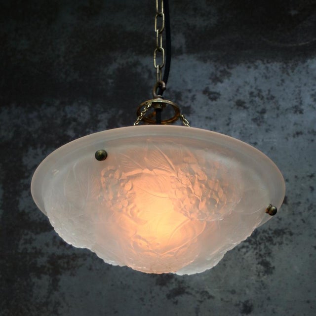 French Art Nouveau, white pressed glass pendant lamp ca. 1920 Brass chain E27 / E26 Up to 250V (Europe/UK Standard).The...