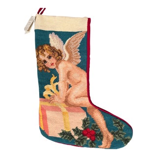 Vintage Late 20th Century Wool Needlepoint Christmas Stocking For Sale