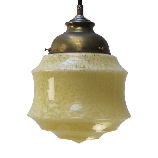 French Art Deco Yellow Reeded Clichy Glass Pendant Lamp For Sale