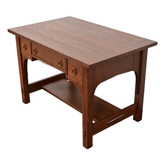 Early 20th Century Stickley Brothers Style Antique Mission Oak Arts & Crafts Writing Desk or Library Table, Newly Refinished For Sale