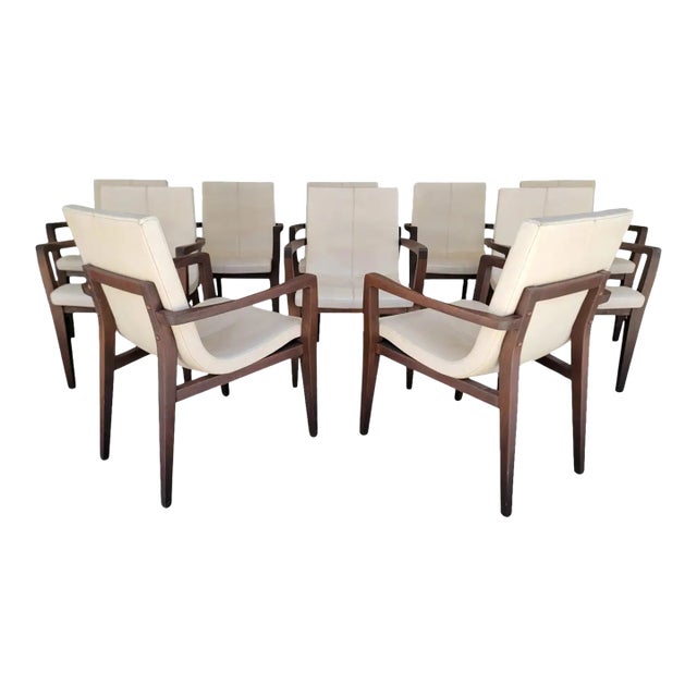 Authentic Holly Hunt "Studio H" Leather Scoop Dining Arm Chairs Set 10 For Sale