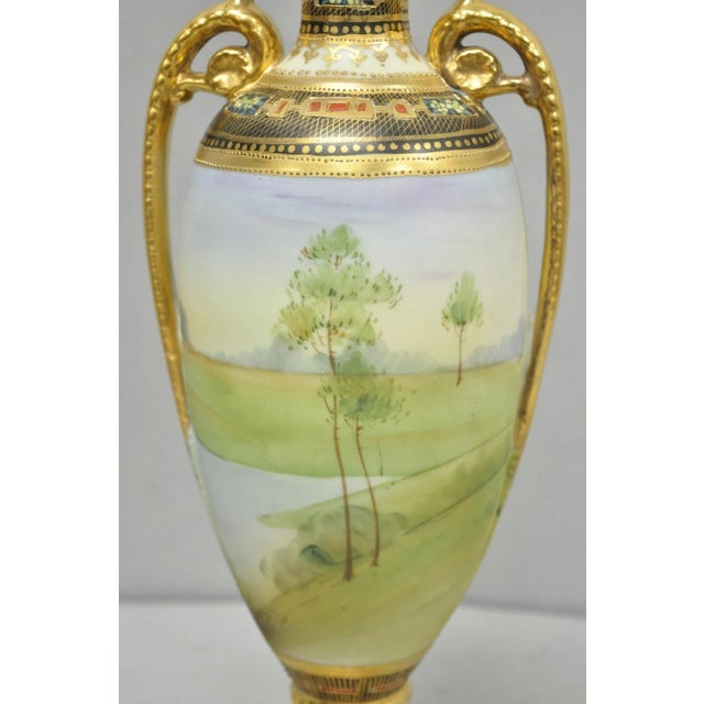 Antique Nippon Hand Painted Twin Handled Gold Gilt Lake & Swan Scene Bolted Vase For Sale - Image 11 of 17