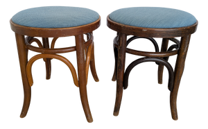 Vintage Bentwood Stools with Blue Upholstered Seats, 1970s, Set of 2