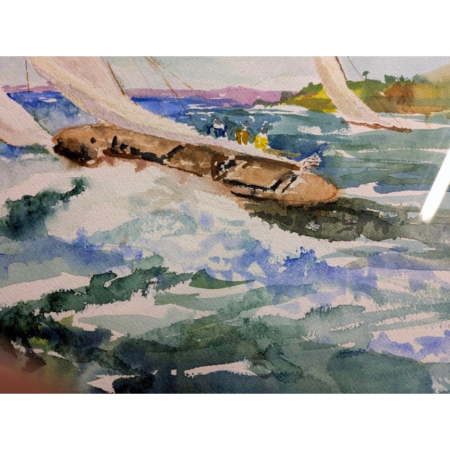 Impressionist 1980s Angelina Wood Original Sailboat Watercolor Painting in Custom Frame For Sale - Image 3 of 9