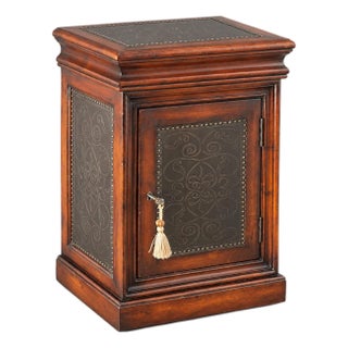 Vintage Solid Wood Locking Accent Cabinet With Engraved Metal Panels For Sale