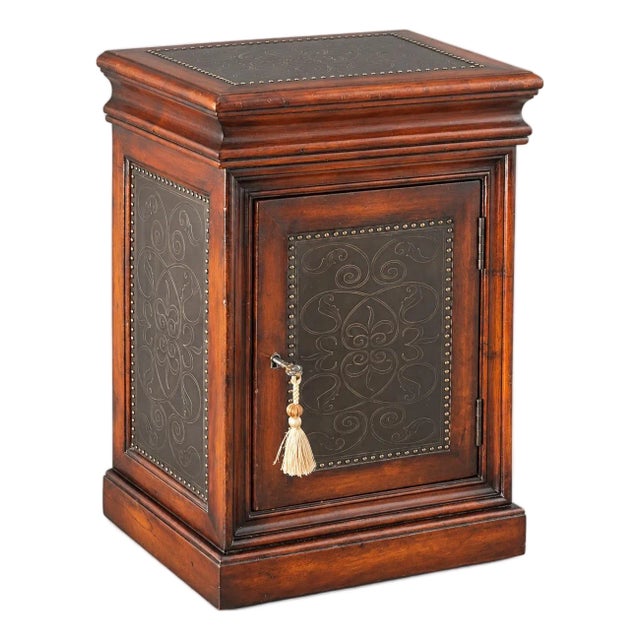 Vintage Solid Wood Locking Accent Cabinet With Engraved Metal Panels For Sale