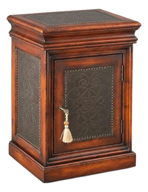 Vintage Solid Wood Locking Accent Cabinet With Engraved Metal Panels