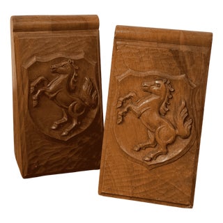 Wooden Bookends with Carved Shield and Horse, Set of 2 For Sale
