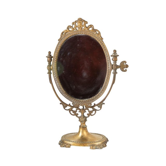 Art Nouveau Vintage Art Nouveau Ornate Victorian Style Brass Pedestal Vanity Mirror For Sale - Image 3 of 5