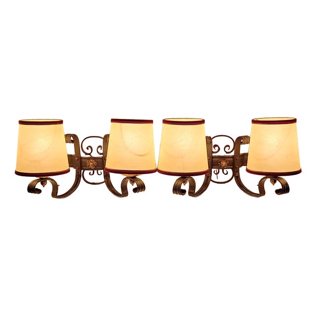 Vintage Rustic 2-Light Wall Lamps with Wrought Iron Frame and Parchment Plug-in Shades, 1970s, Set of 2 For Sale