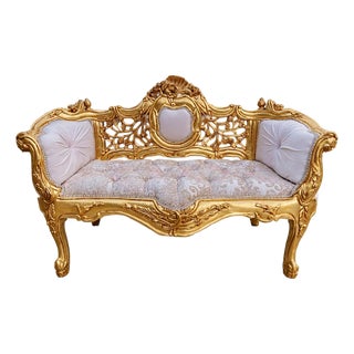 Late20C French Louis XVI Gold Pink Damask Settee For Sale