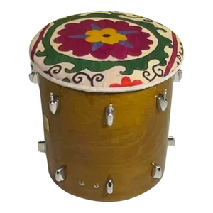 Vintage Suzani Upholstered Drum Wood Stool