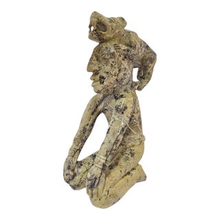 Vintage Mexican Hand-Carved Onyx/Tecali Jaguar Warrior Sculpture, 11 Inch For Sale