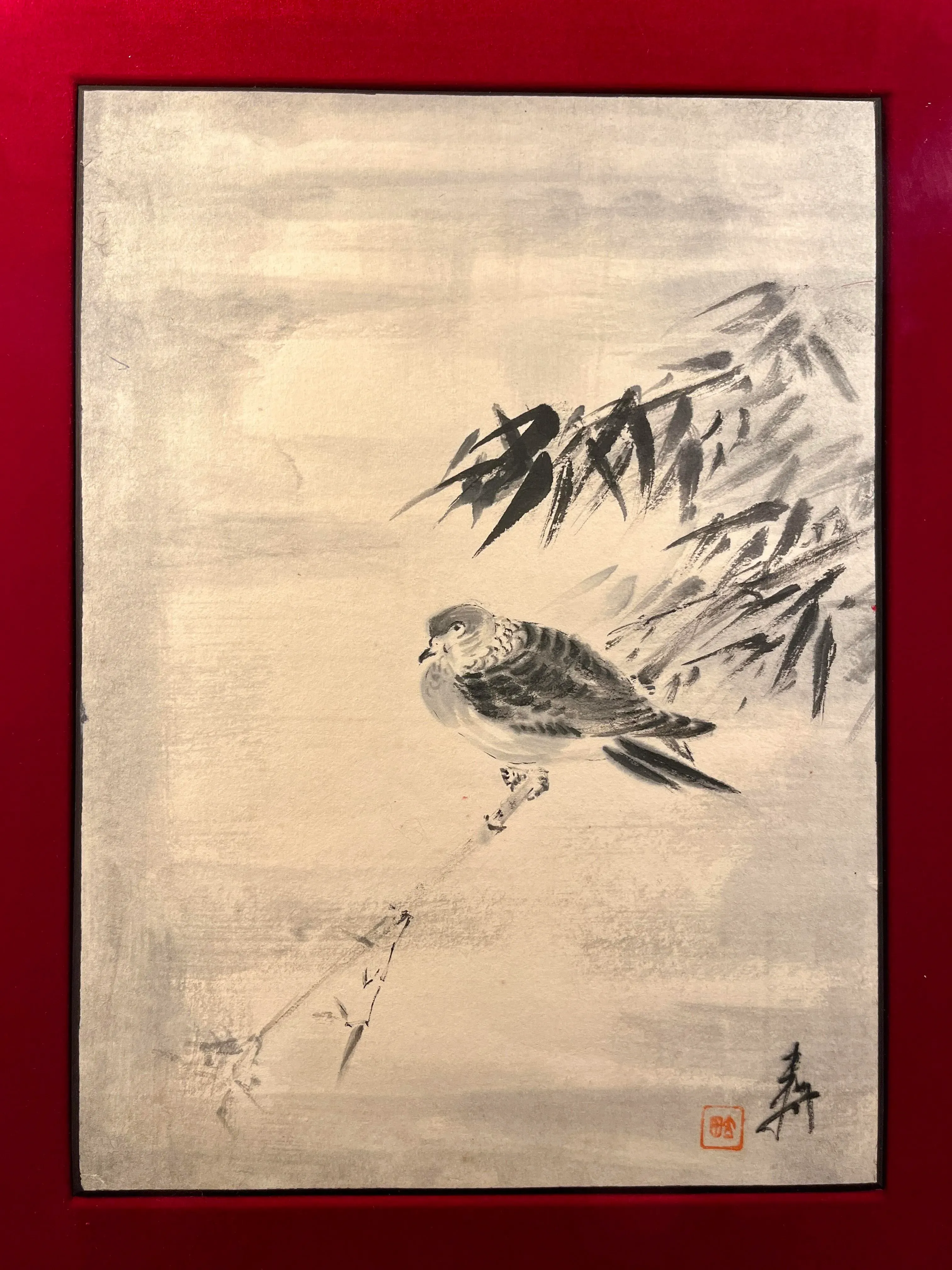 Vintage 1940's Sumi-E Japanese Ink Wash Monochrome Painting Signed