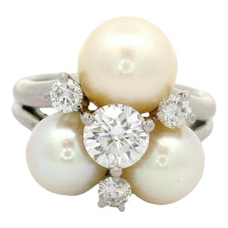 Akoya Pearl Diamond Platinum Cluster Ring, Size 5 For Sale