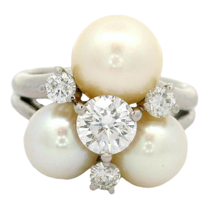 Akoya Pearl Diamond Platinum Cluster Ring, Size 5