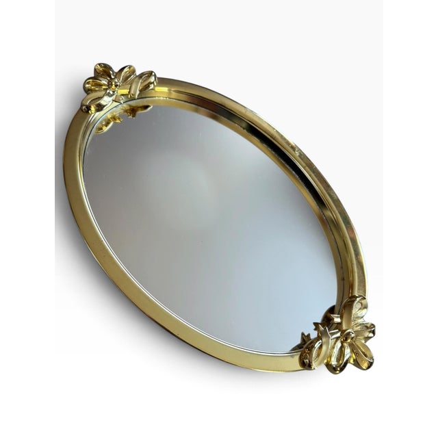 Hollywood Regency Vintage Gold Floral Bow Mirrored Vanity Tray | Hollywood Regency For Sale - Image 3 of 4