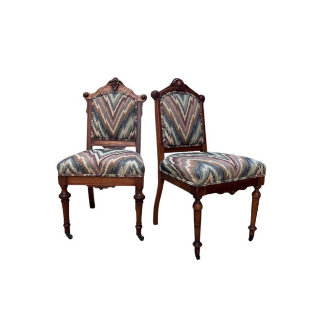 19th Century Eastlake Walnut Hall Chairs With Bargello Upholstery, Set of 2 For Sale - Image 11 of 15