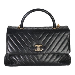 Black Chevron Aged Calfskin Large Coco Top Handle Bag For Sale