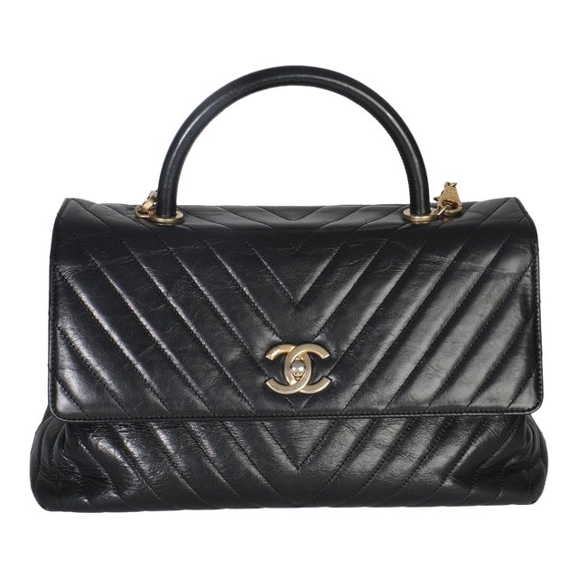 Black Chevron Aged Calfskin Large Coco Top Handle Bag For Sale