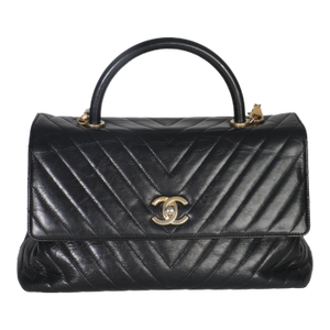 Black Chevron Aged Calfskin Large Coco Top Handle Bag
