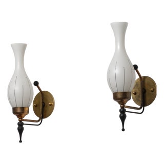 Italian Brass, Black Lacquered Metal and Opaline Glass Wall Sconces, 1950s, Set of 2 For Sale