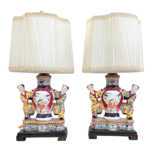 Pair of Antique Famille Rose Chinese Pottery Figural Designer Table Lamps