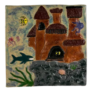 Vintage Plaque / Tile of Playful Underwater Castle Scene With Shark and Fish and Sea Animals