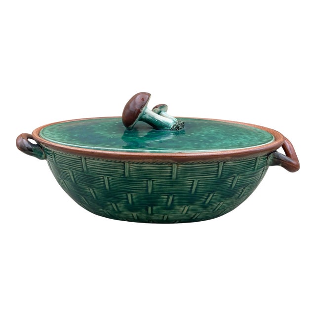 1930s Tellurite Green Mushroom Majolica Lidded Casserole Dish With Basket Weave For Sale