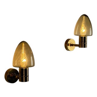 Model V-220 Sconces in Amber Glass and Brass by Hans-Agne Jakobsson, 1960s, Set of 2 For Sale