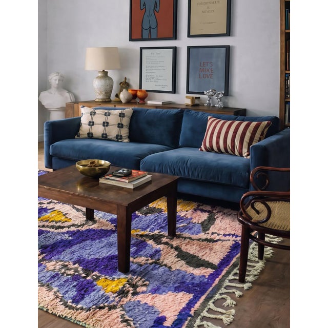 Modern Boujad Rug | Handwoven Wool Rug in Blue & Violet with Diamond Medallion This modern Boujad rug unfolds across a...