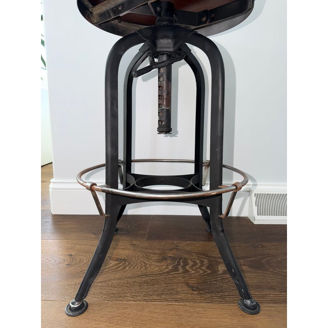 Vintage Industrial Adjustable Swivel Stool With Solid Wood Seat For Sale - Image 10 of 10