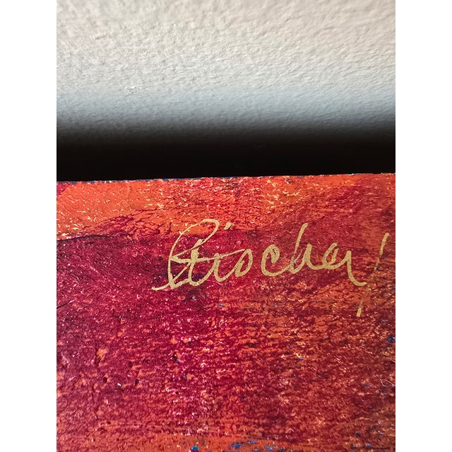 Textile Late 20th Century Signed Contemporary Abstract Mixed Media Canvas Painting in Burgundy & Gold For Sale - Image 7 of 10