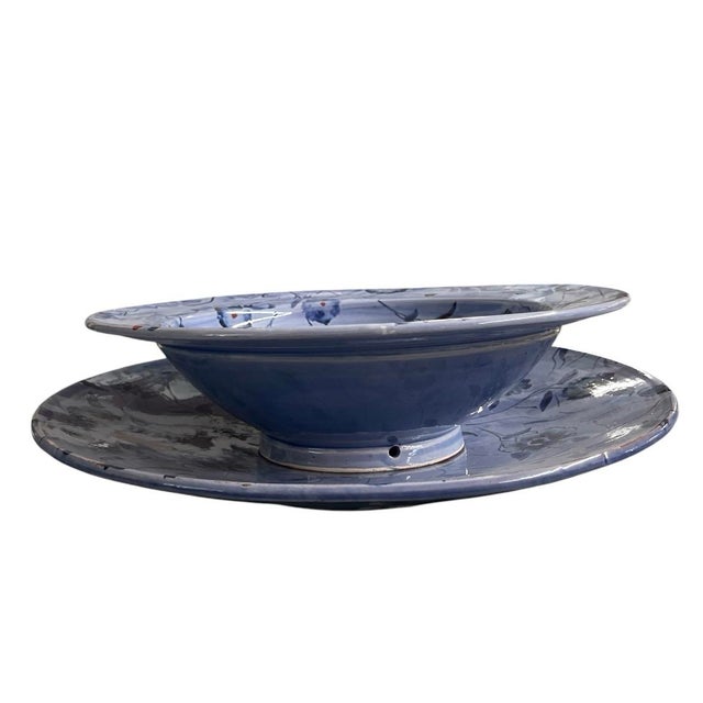 Moroccan Vintage Moroccan Safi Hand-Painted Periwinkle Blue Ceramic Presentation Set – 16.5" Platter & Footed Bowl For Sale - Image 3 of 12