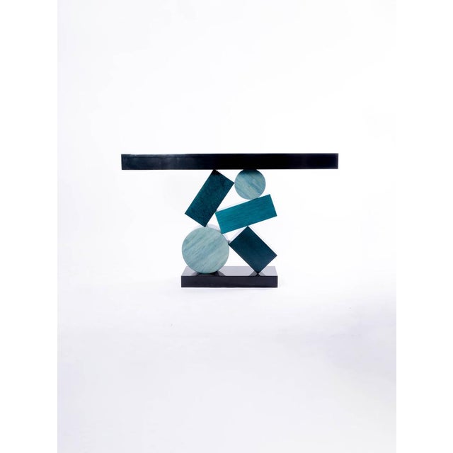 Equilibre Console in Blue and Black Tinded Marquetry by Aymeric Lefort For Sale - Image 6 of 18