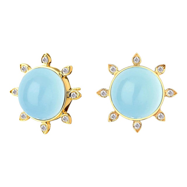 Syna Blue Topaz Yellow Gold Earrings with Diamonds, a Pair For Sale