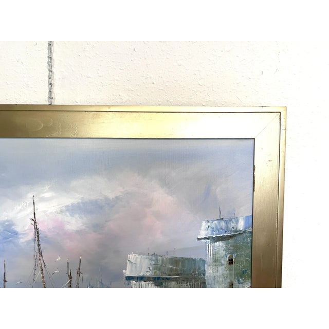 Impressionist Original Oil Painting by K. Basset | Seascape Harbor Scene | Vintage Maritime Art For Sale - Image 3 of 10