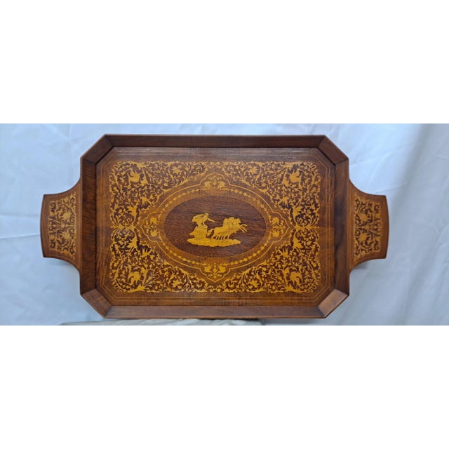 Chestnut Vintage Italian Wood Inlay Tray W/Music Box For Sale - Image 8 of 8
