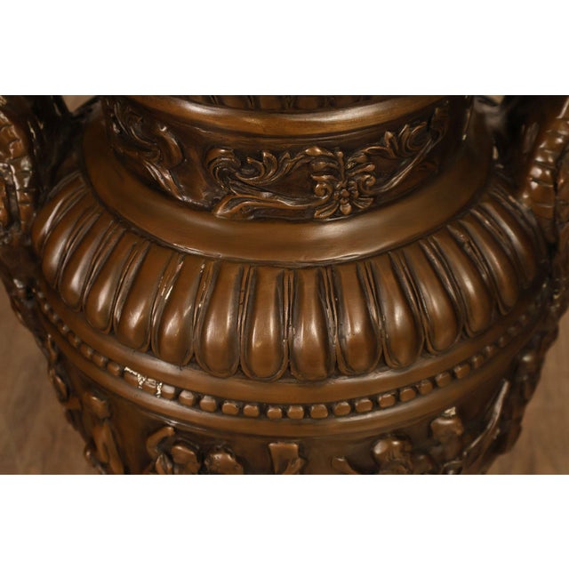 Metal Neoclassical Style Large Pair Of Cast Bronze Covered Urns With Figural Relief For Sale - Image 7 of 18